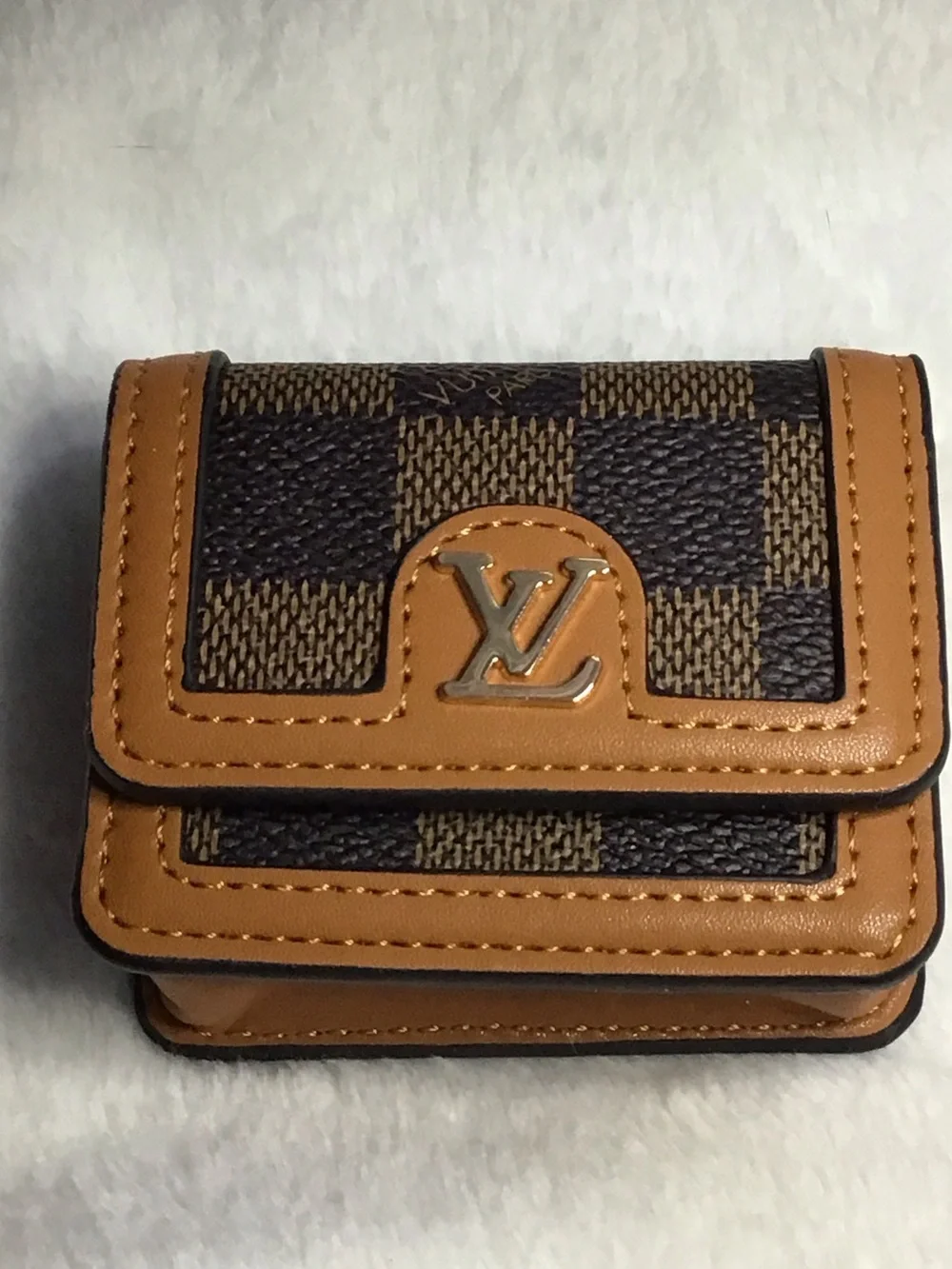FashionLouis Vuitton Brown and Tan Check key chain with Metal LV Logo